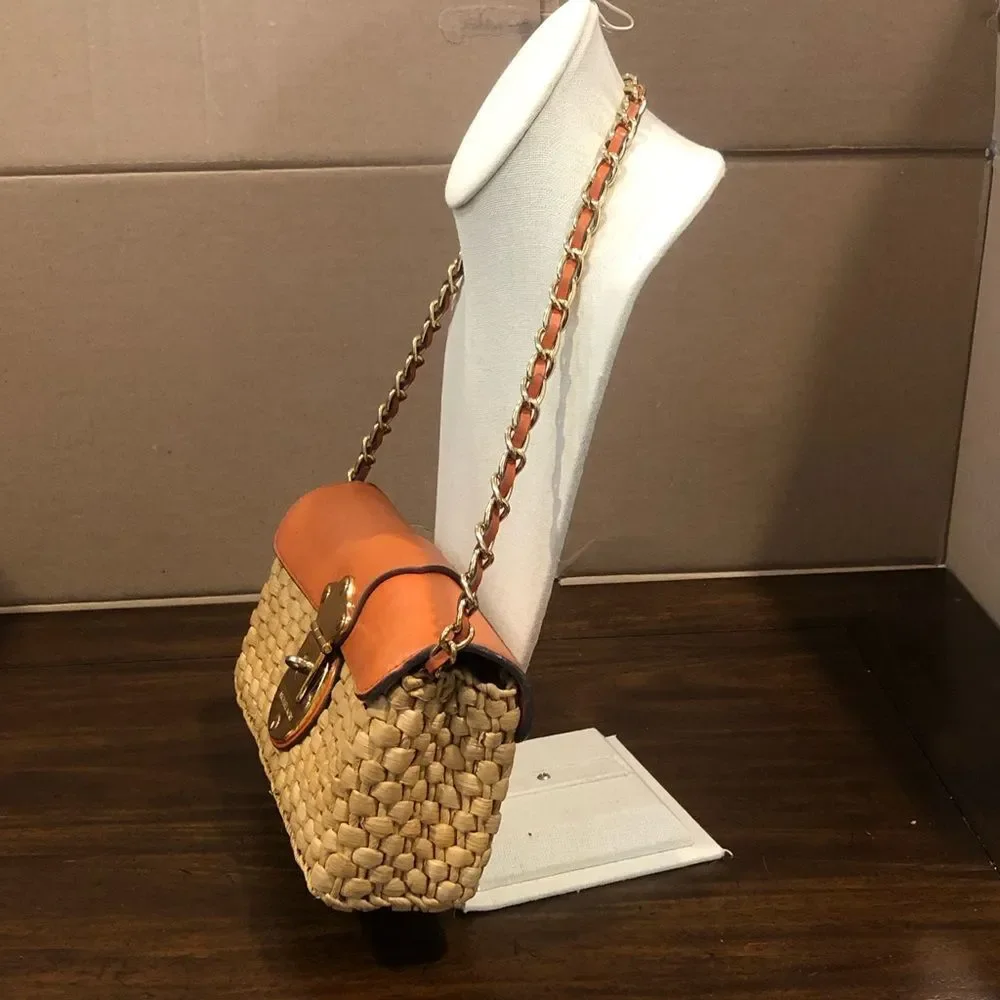 Vintage MICHAEL KORS Rattan Leather Clutch Gold Turn Lock Chain & Leather Strap